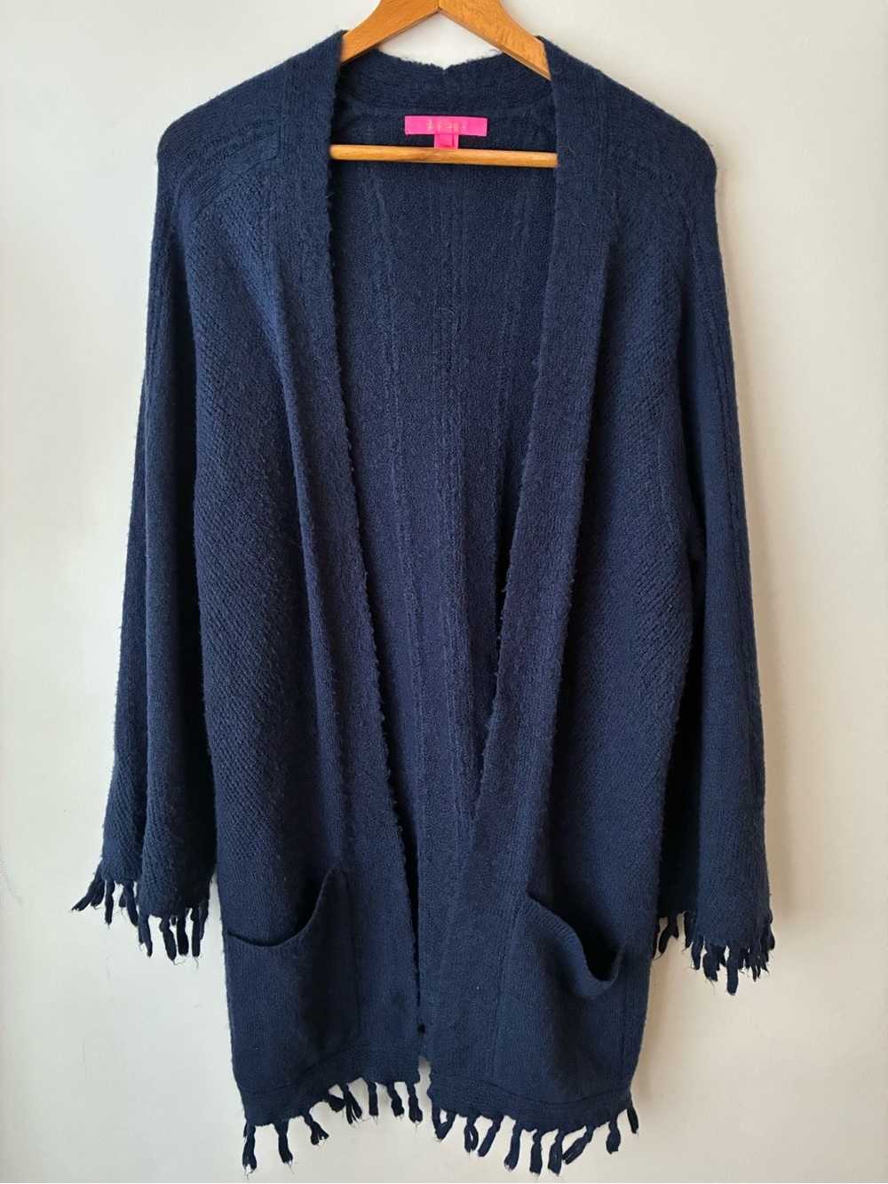 Lilly Pulitzer Sweater Women’s XL Cardigan Wool Cozy Knit Navy Blue Fringe